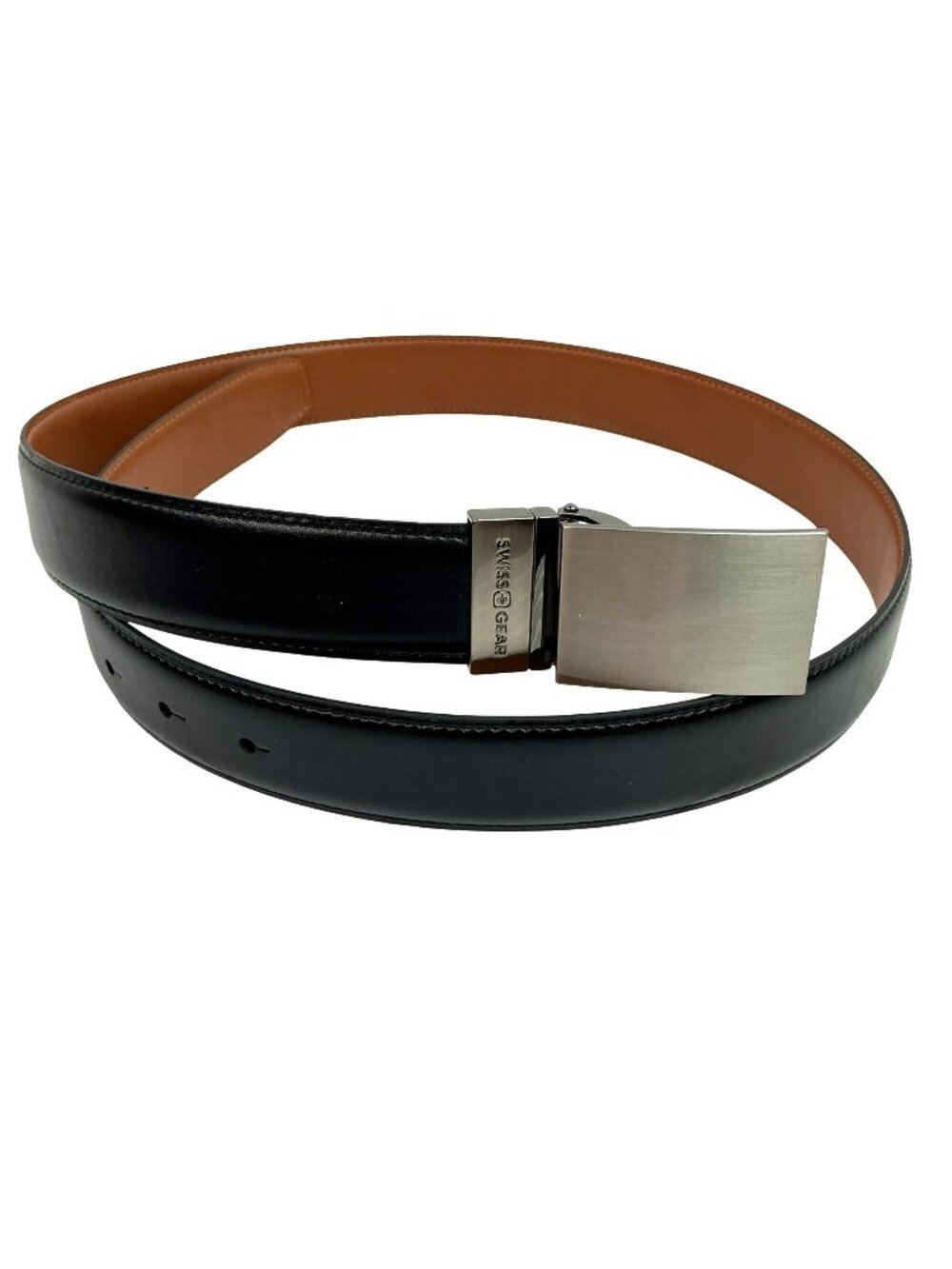 New Swiss Gear Reversible Black & Brown Leather Belt Mens Brushed Silver Buckle